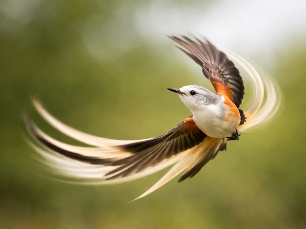 Scissor-tailed flycatcher darting and pivoting midair in an energetic aerial loop.