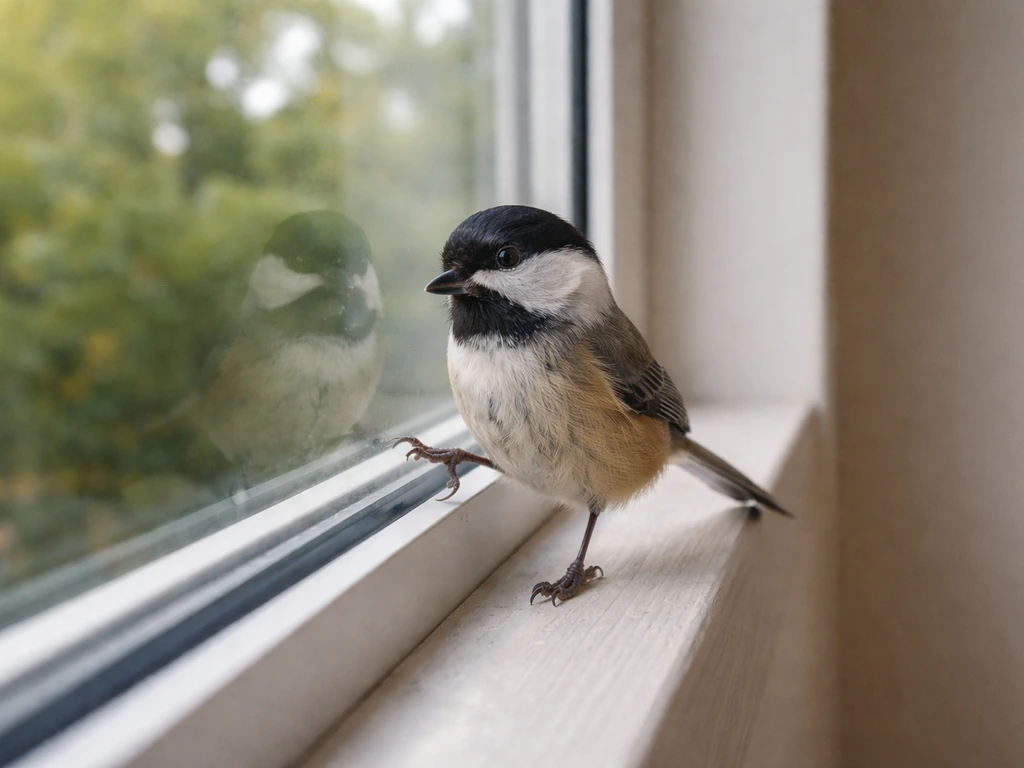 A small bird taps and perches on a window glass near the camera, with greenery softly blurred outside.