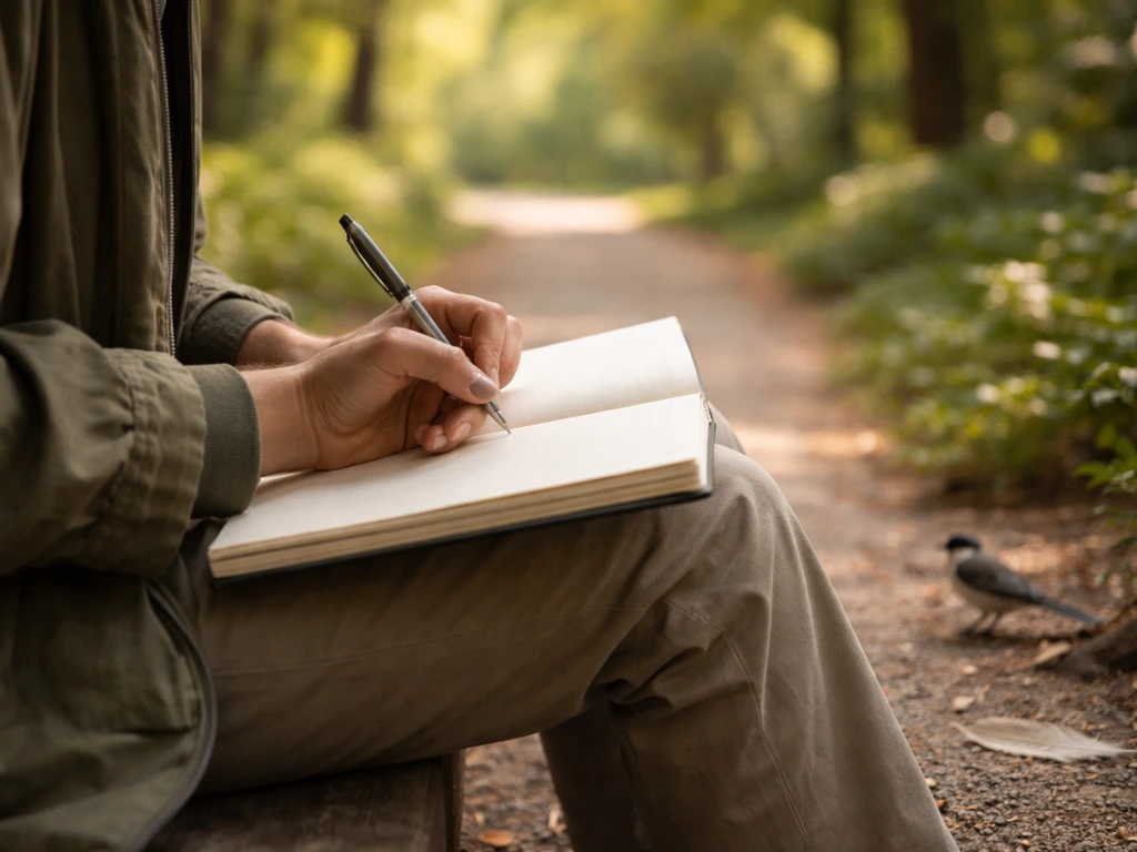 Person outdoors writing in an open notebook while a small bird and feather sit nearby.