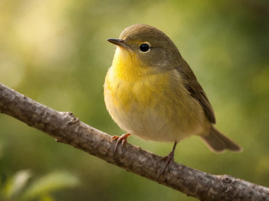 Yellow-breasted bird alert on a branch in natural daylight, softly blurred greenery behind it.
