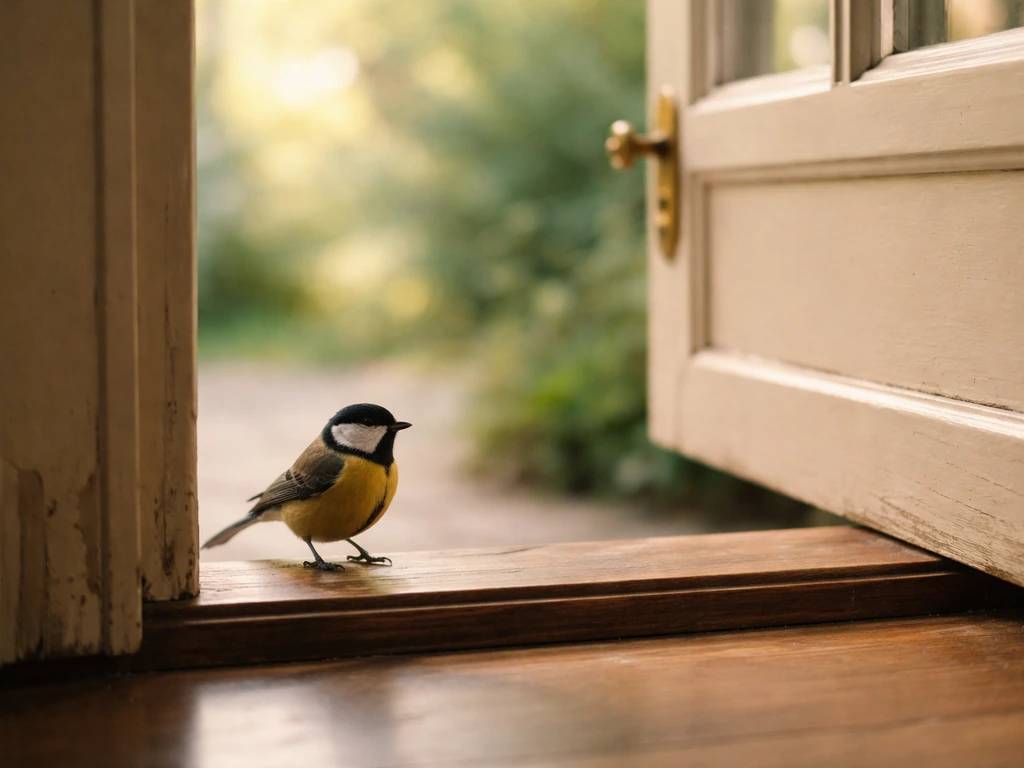 Yellow-breasted bird perched on a front door/windowsill in warm morning light, welcoming home entrance.