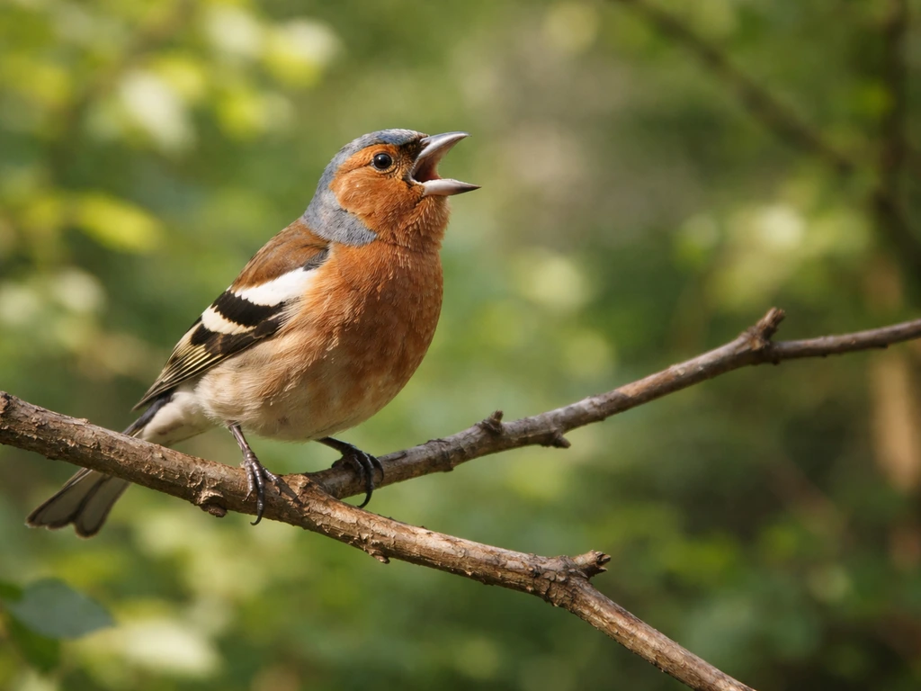 Small songbird perched near a twig, mouth open mid-song in a quiet sunlit yard.