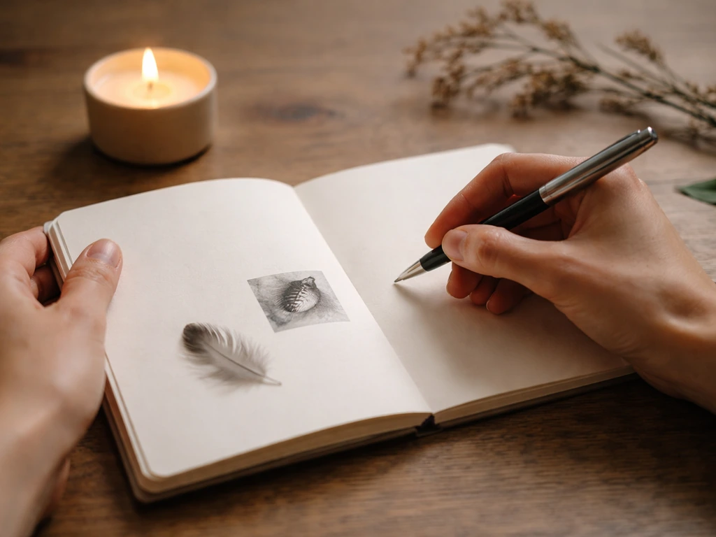 Hand writing in a notebook beside a small candle, pen poised, with a small feather and bird print