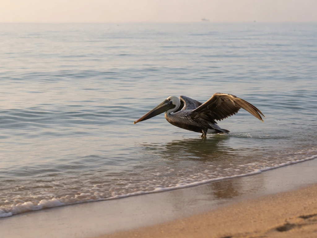 Brown pelican gliding just above calm coastal water near the shore