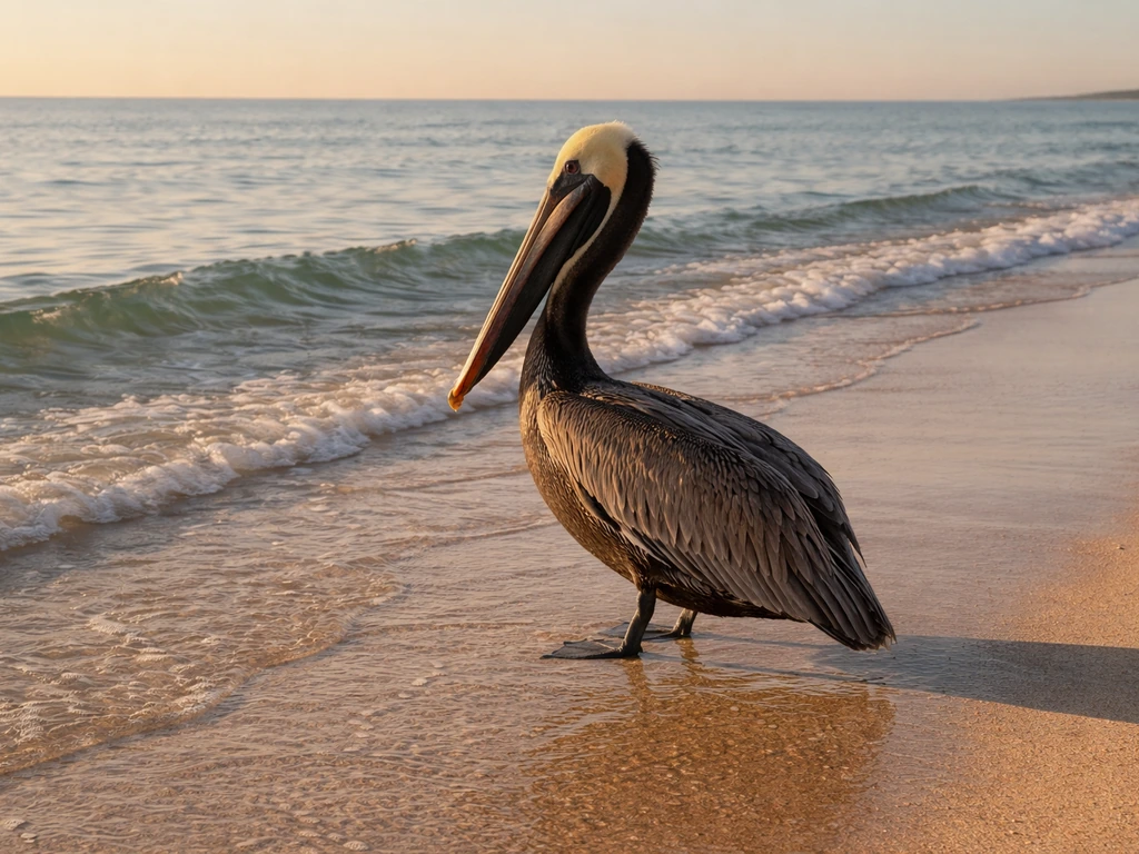 Pelican standing in shallow coastal water near shoreline waves