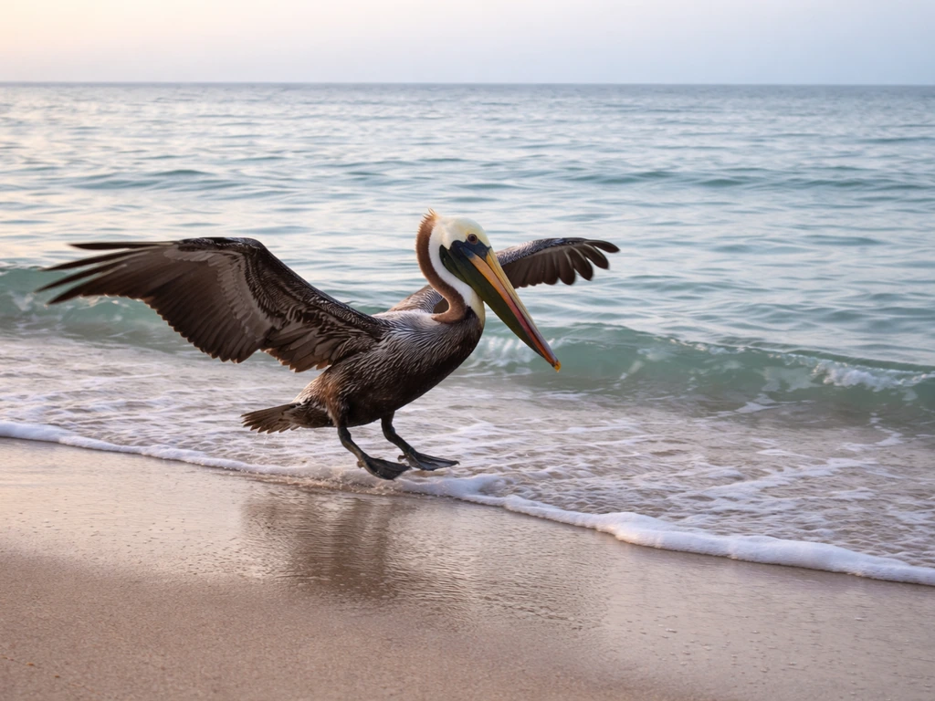 Brown pelican landing near the shore on wet sand as gentle waves roll in