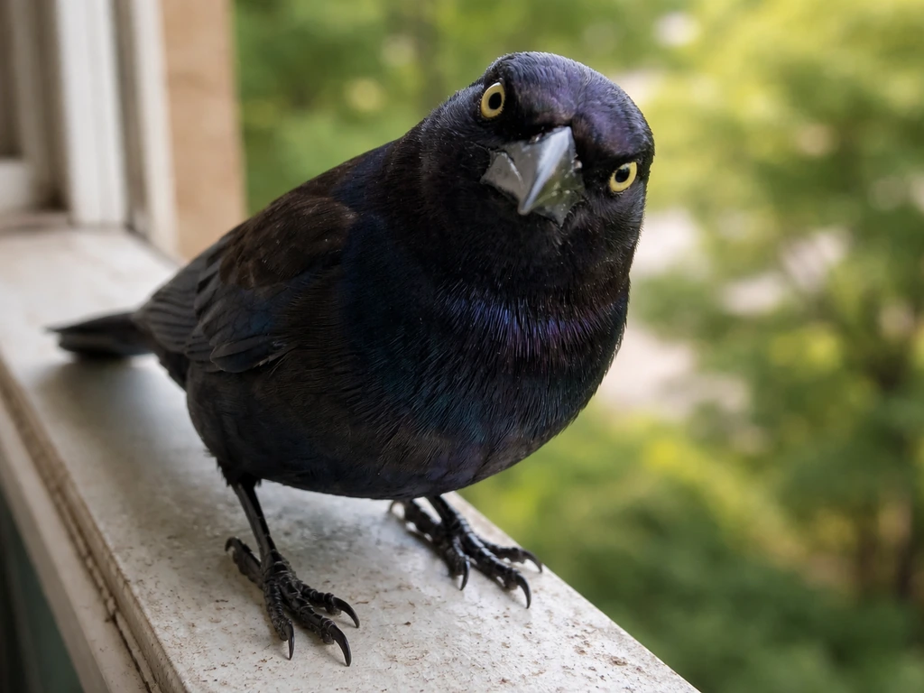 A grackle perched inches from a window, facing the camera with sustained direct eye contact.