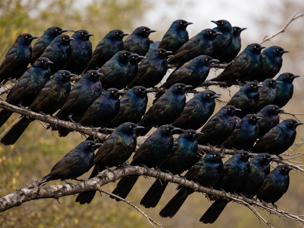 Multiple grackles clustered together in a large flock on a branch, showing community in nature.