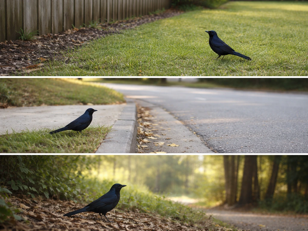 A grackle appears in three nearby outdoor spots, implying repeated visits over days.