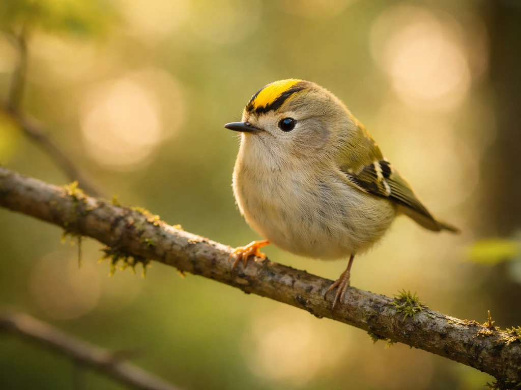Warm dappled sunlight on a small goldcrest perched on a branch in a quiet woodland.