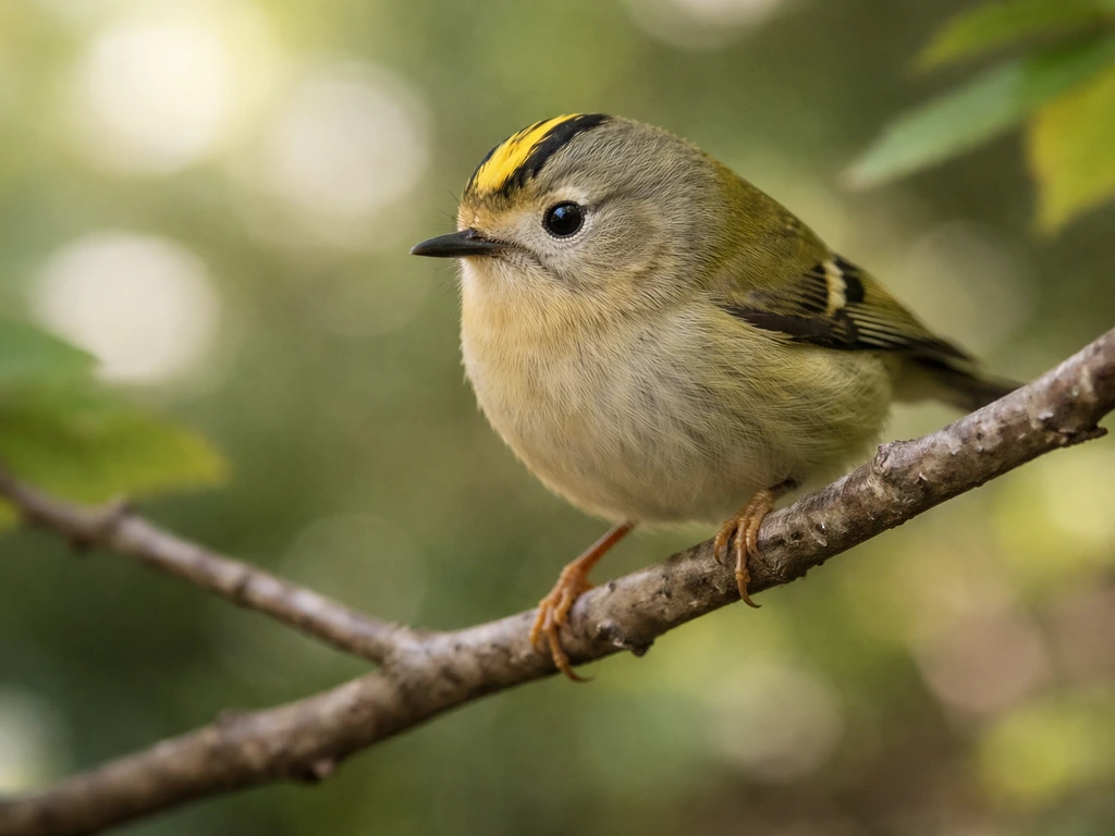 Close-up of a goldcrest perched on a small branch, golden crown stripe glowing in soft woodland light.