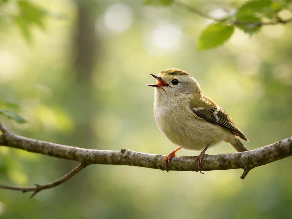 Goldcrest singing with mouth open on a tree branch in a softly blurred wooded background.