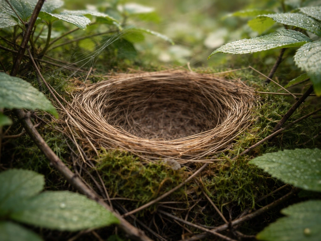 A small goldcrest-style nest tucked into moss and foliage with faint spider-web threads nearby