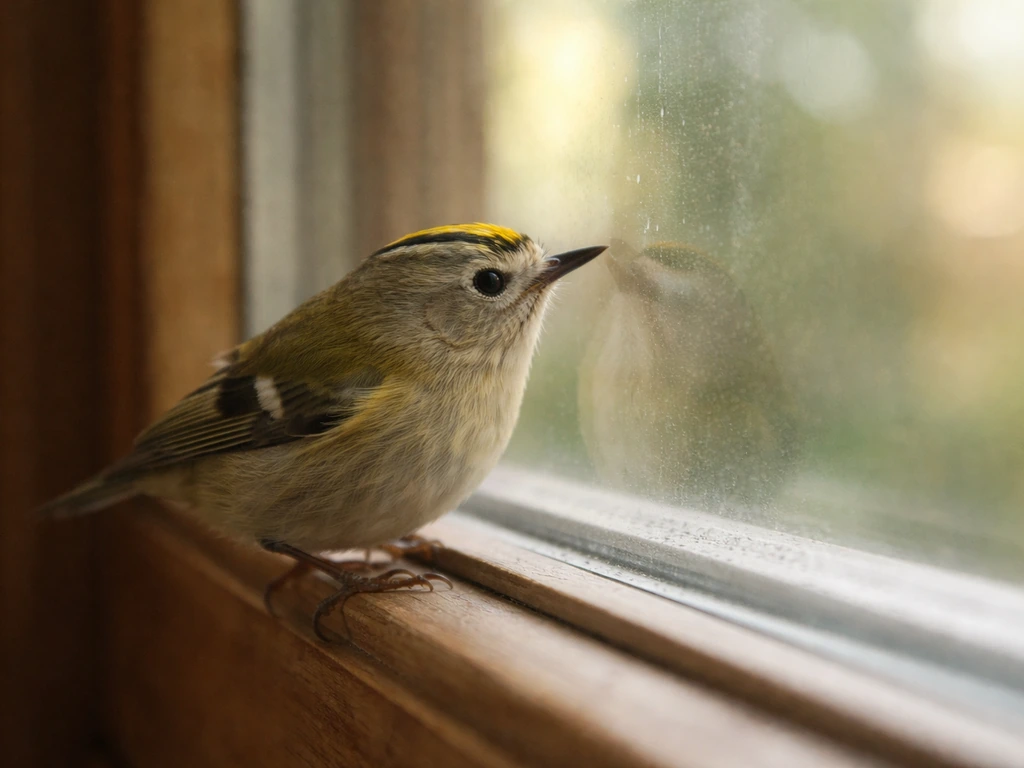 A goldcrest perched by a windowpane, tapping near the glass with warm interior reflection and wood framing.