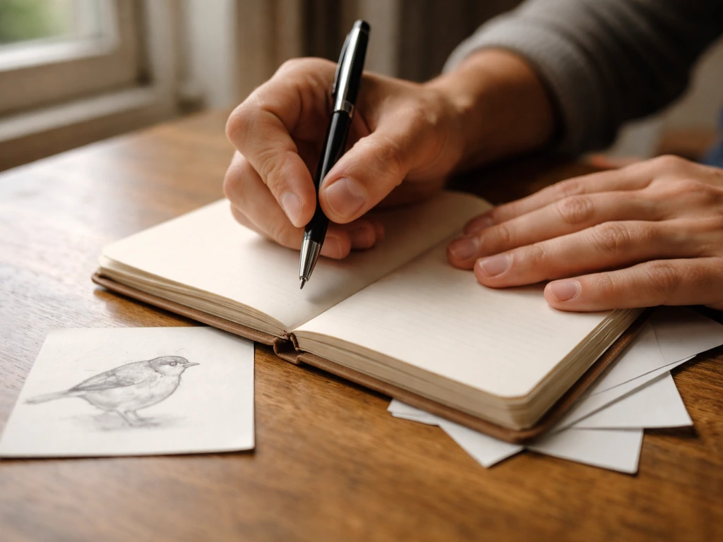 Hands writing in a journal on a wooden table, with a small bird sketch beside the pen.