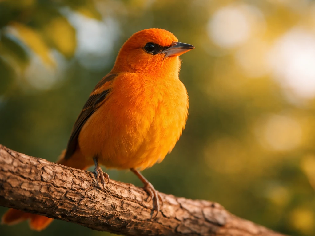 Vibrant orange bird perched on a tree branch in warm natural light, conveying joy and visibility