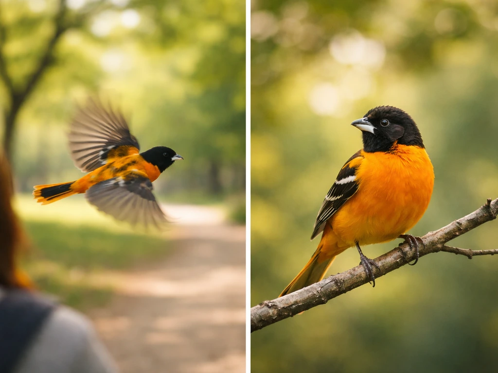 Two-panel photo: orange bird flies past on left, perches quietly on a branch on right