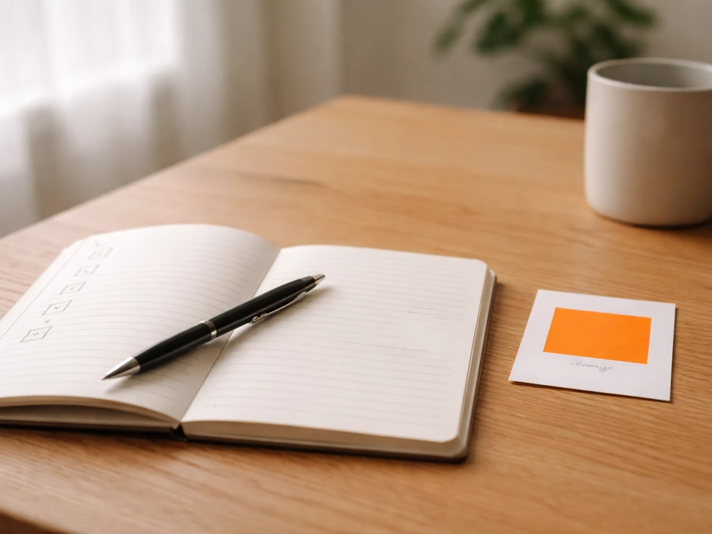 Minimal notebook and pen on a wooden table with an orange swatch for quick reflection.
