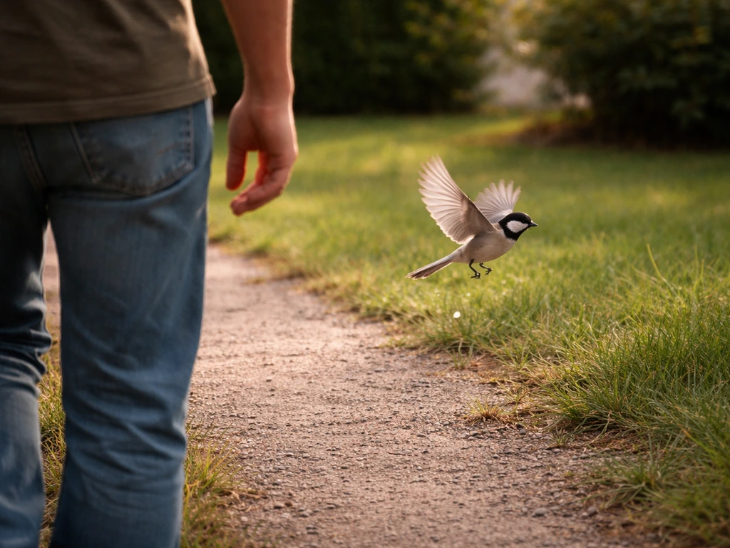 A small bird lifts off from a quiet yard path as a person steps into frame