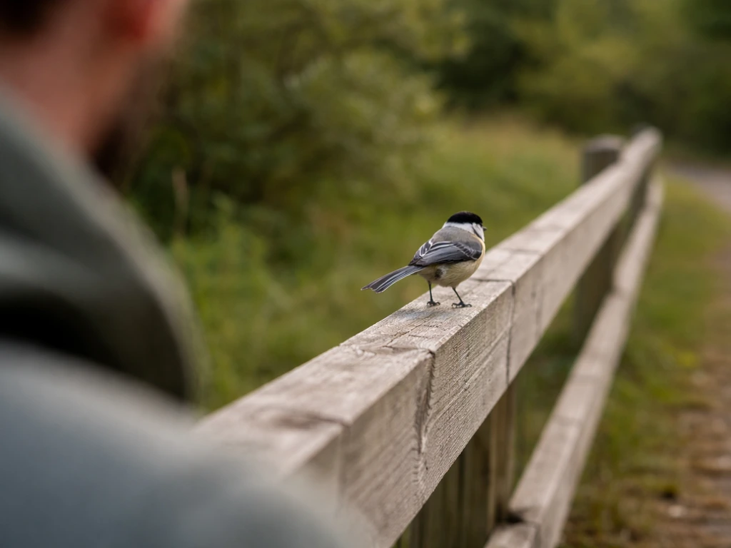 A small bird on a fence stays in view as it scoots away from an approaching person at a distance.