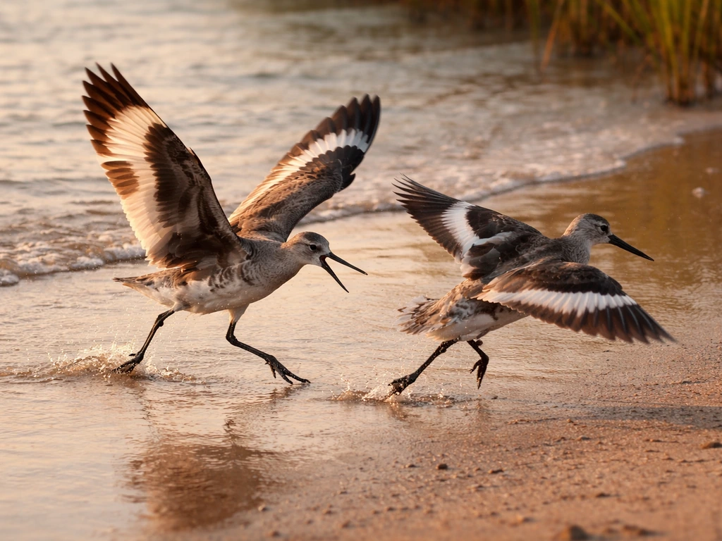 Two birds near a shoreline, one chasing the other as it flies away
