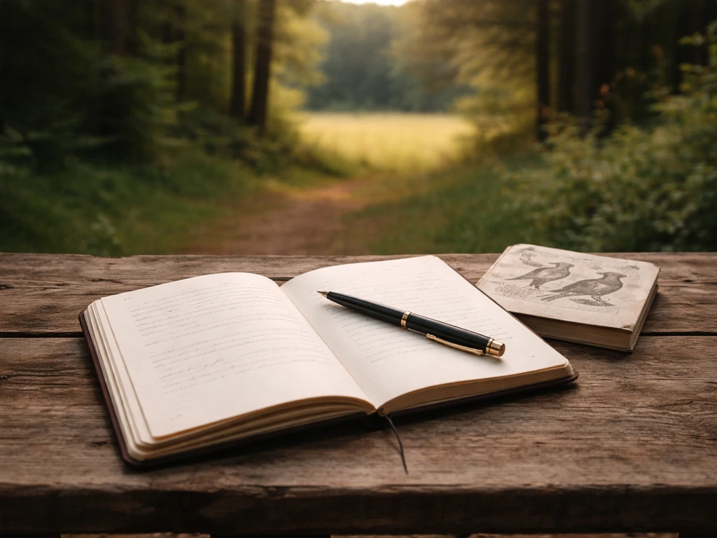 Close-up of an open journal with a pen and a small bird field guide on a wooden outdoor table.