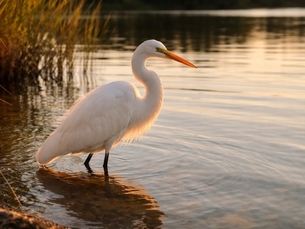 White egret wading near still water at golden hour with soft reflections, calm and serene purity