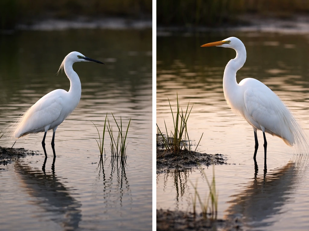 Side-by-side white egret and great egret standing in shallow wetland water with reeds