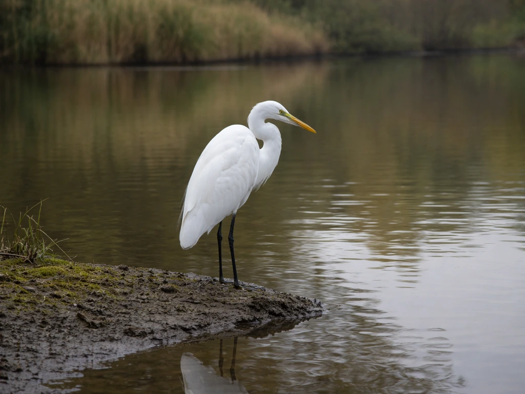 White egret standing motionless at a pond edge with soft reflections in calm water.