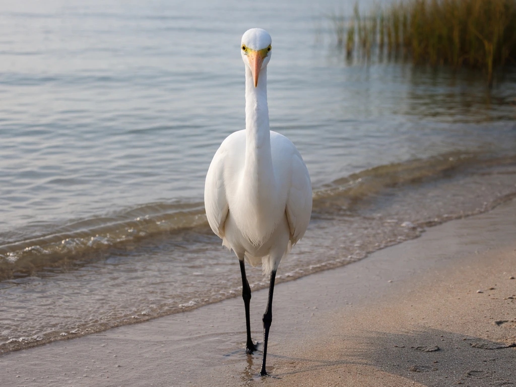White egret on a calm shoreline, looking directly at the viewer with sharp focused eyes.