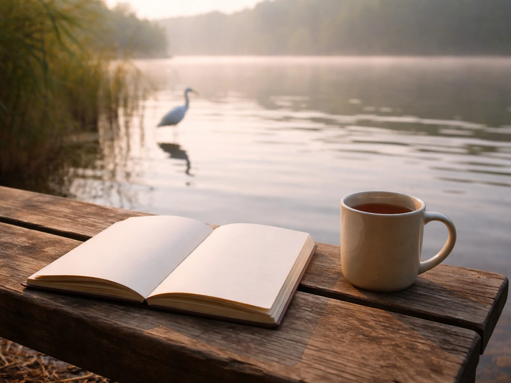 Open journal and tea on a bench by a calm lake with a white egret standing in shallow water.