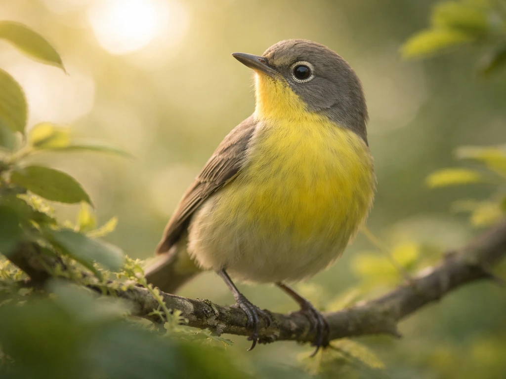 A yellow-bellied bird perched in leafy foliage, bright yellow belly visible in soft natural light.
