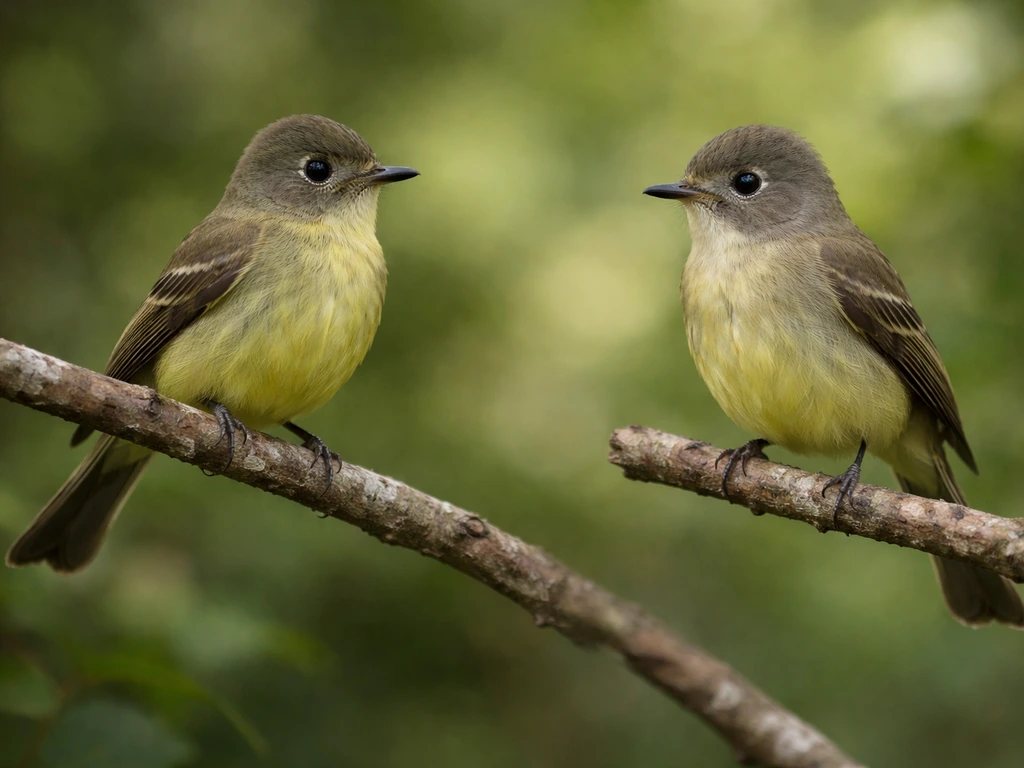 Two small yellow-bellied birds perched on branches, side-by-side for easy identification comparison.