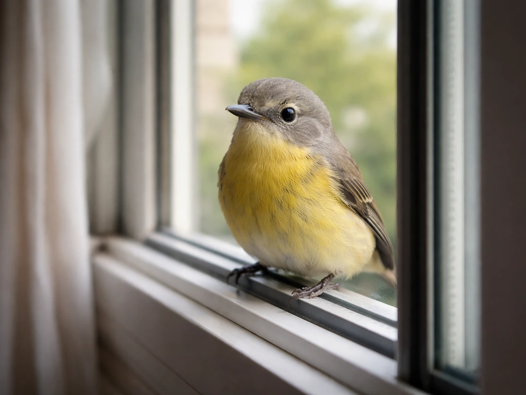 Yellow-bellied bird perched near a home window with reflections in the glass.