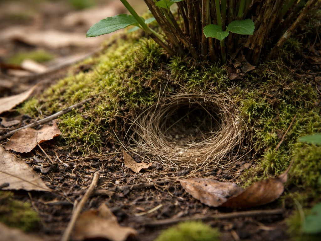 Ground-level moss and leaf litter with a small bird nest nestled near the roots.