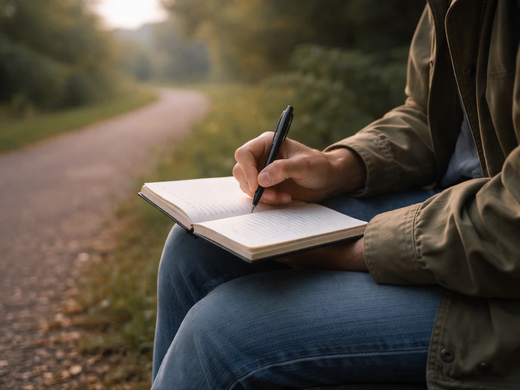 Person outdoors journaling stork sightings in a small notebook at a park-like setting