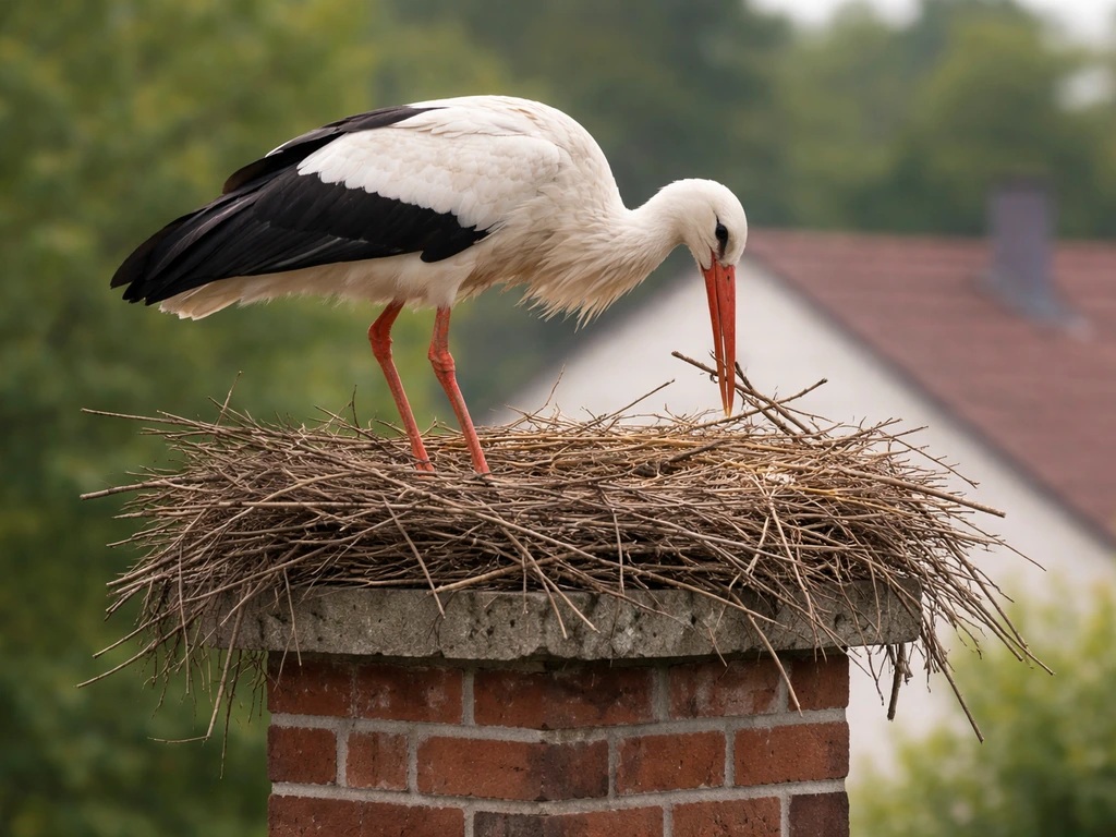 White stork building a twig nest on a chimney atop a quiet home roofline.