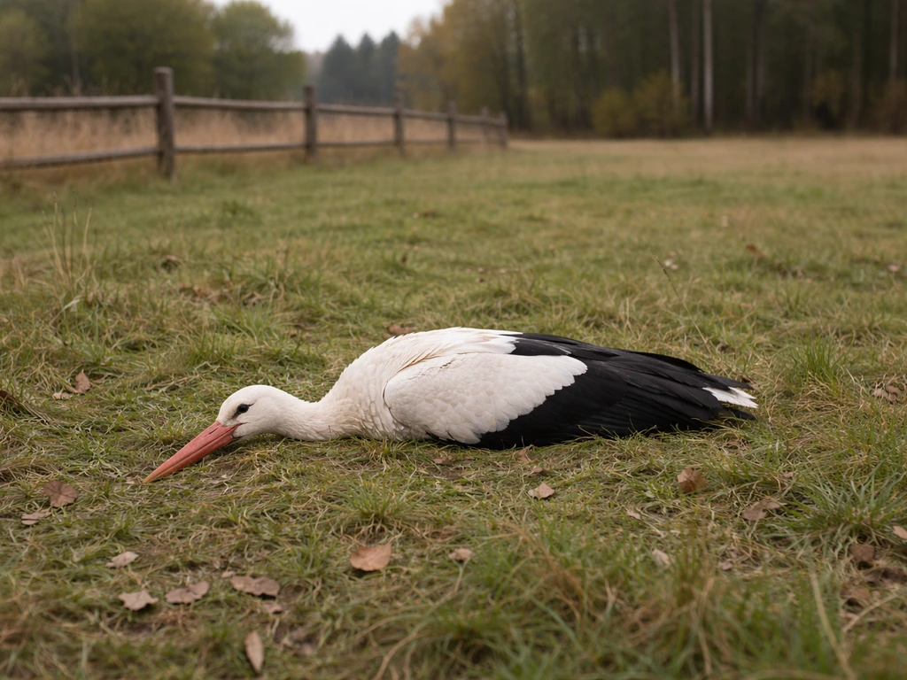 A dead stork lying quietly on a grassy field near a fence, natural light, somber mood.
