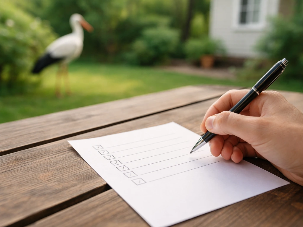 Handwritten checklist paper with simple checkboxes beside a softly blurred stork near a quiet home yard.
