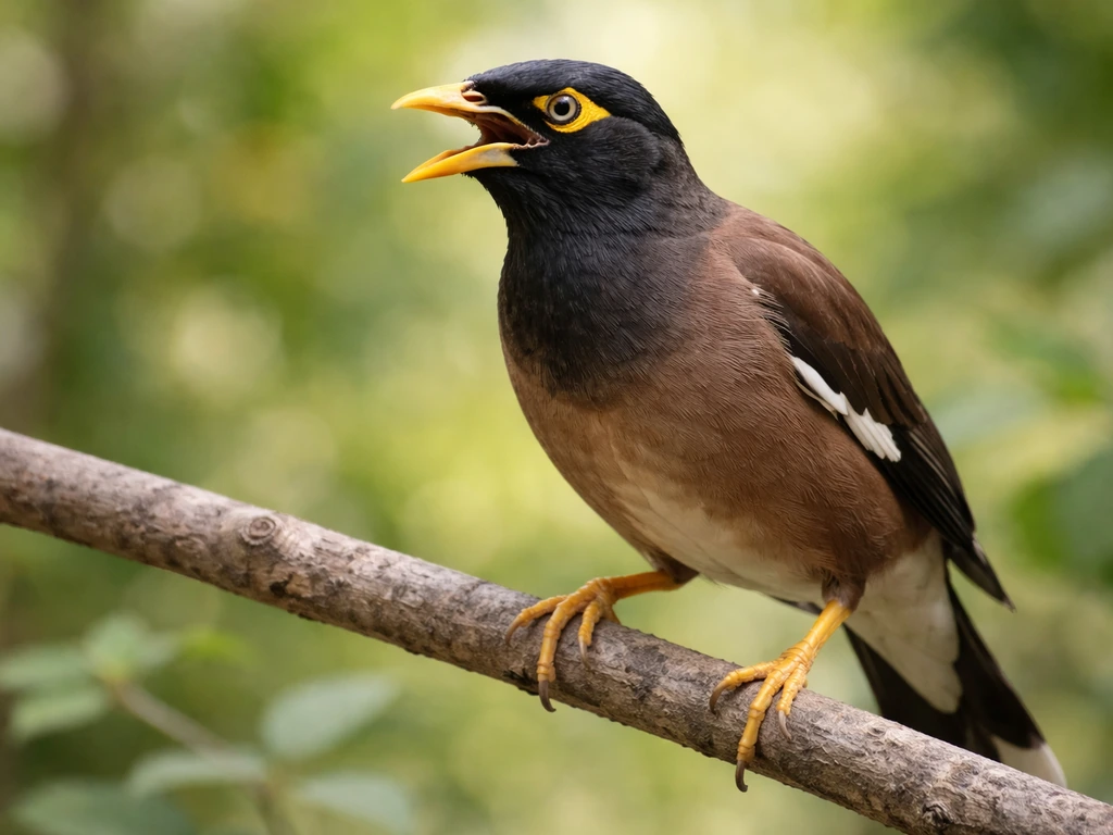 Myna bird perched on a branch with soft foliage behind it, suggesting a vocal call.