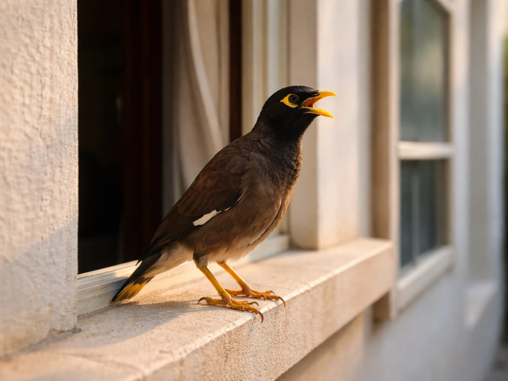 A myna bird perched by a doorway and window, looking outward as if vocalizing.