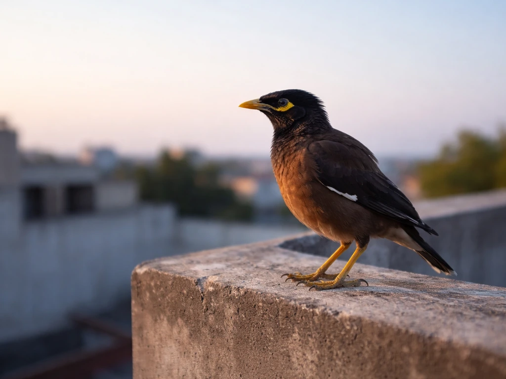 A myna bird perched on a rooftop edge in soft dawn light, suggesting new beginnings