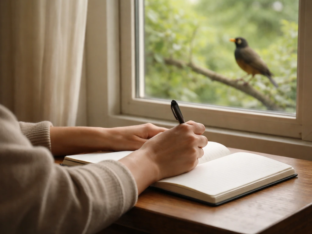 Anonymous person journaling by a window with a myna bird visible outside in soft focus.