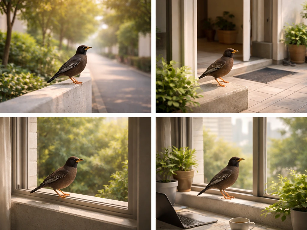 Four minimal vignettes showing a myna in different moments: single brief visit, quick departure, repeated home visits, a