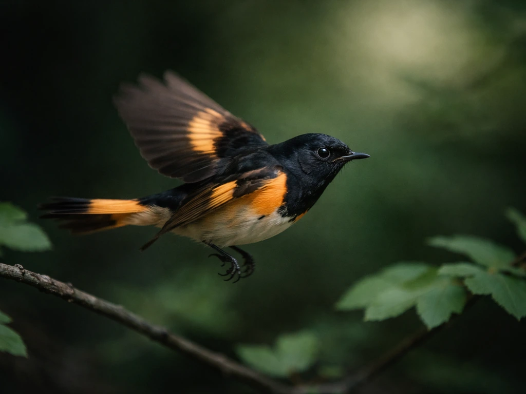 American redstart bird flashing orange in mid-flight against dark forest foliage, symbolizing transformation.