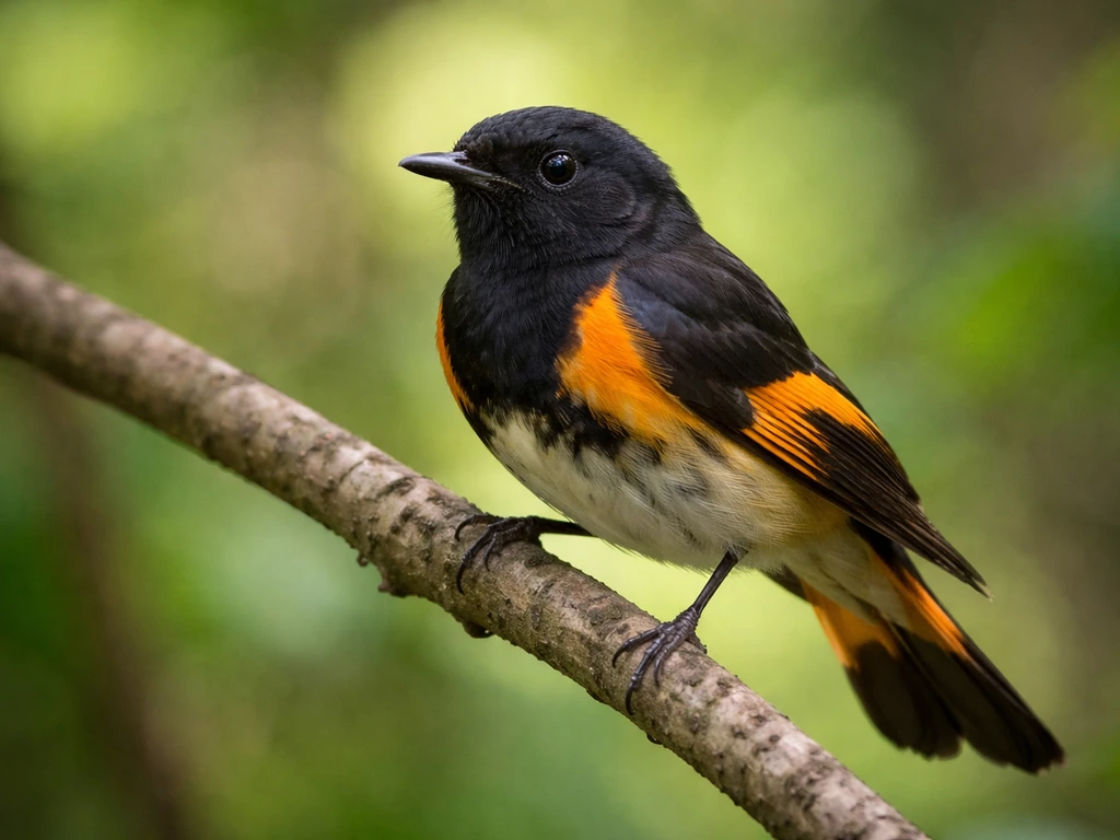 Close-up of an American Redstart male perched, highlighting vivid orange-red and black plumage.