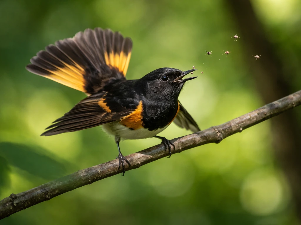 American redstart on a branch tail fanning and wings slightly spread while foraging insects