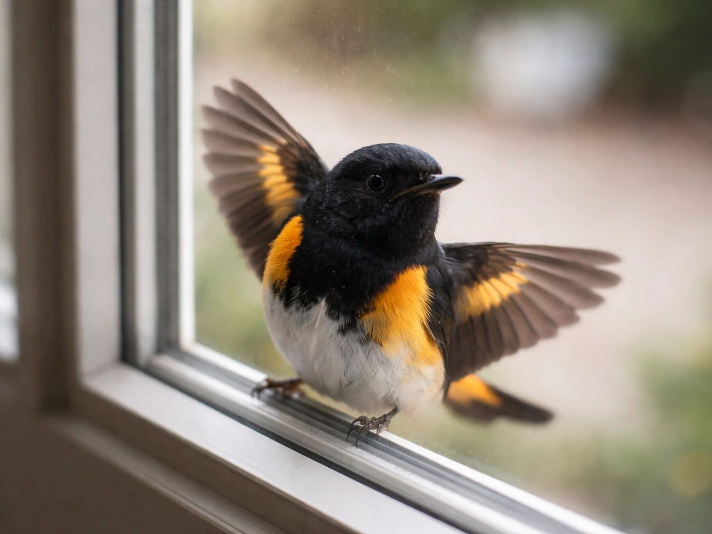 A small American redstart perched near a window glass pane with a gentle tap-like moment