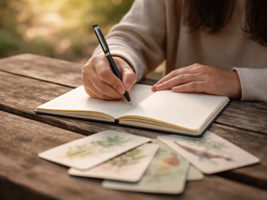 Anonymous person writing in an open notebook outdoors with pen and nearby nature guide papers.