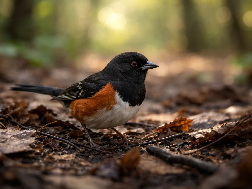 Eastern towhee on a forest floor with leaf litter, soft light filtering through trees.